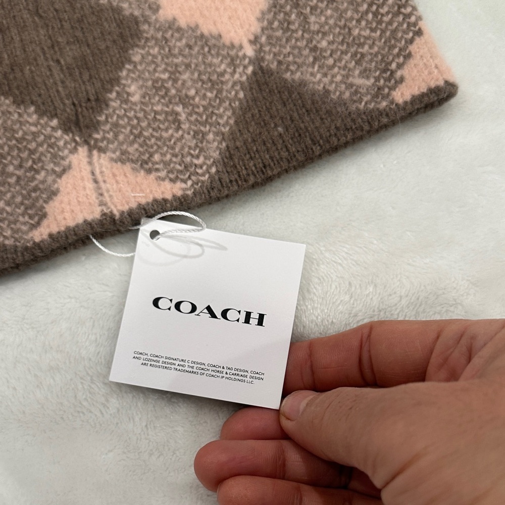 Coach Plaid Beanie in Pink and Brown - Picture 3 of 10